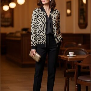 Alfred Dunner Black and Cream Patterned Cardigan